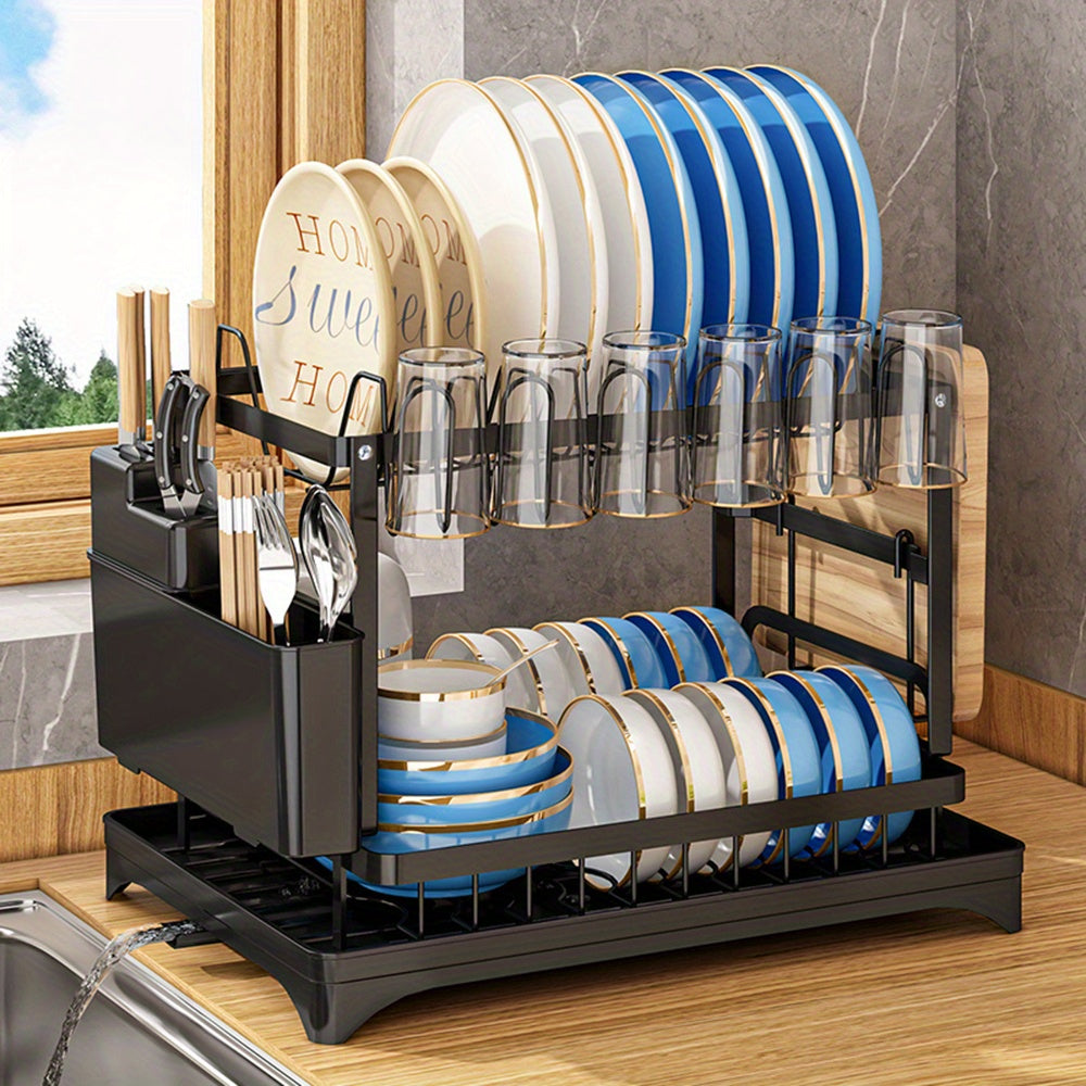 1pc Large Capacity 2-Tier Dish Drying Rack with Drainboard, Double-Layer Bowl & Cup Rack, Detachable Over The Sink Organizer for Kitchen Counter, Black & White - Ideal for Plates, Bowls, Cups & Cutlery Storage, Dish Drying Rack