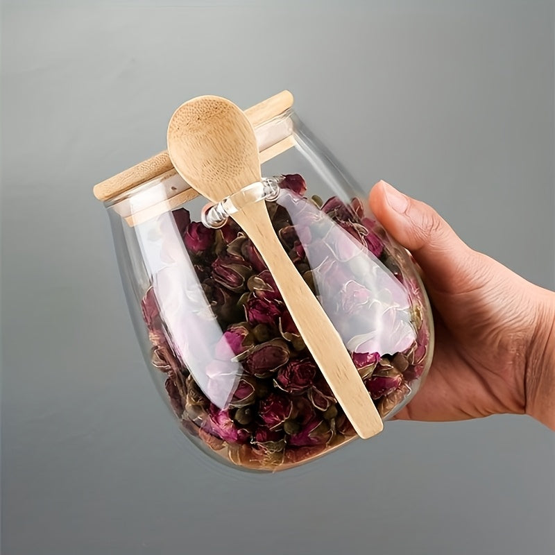 2pcs (jar+spoon)1 Set: Sealed Glass Storage Jar with Spoon - Perfect for Coffee, Sugar, Tea, Salt, Candy and Spices | Ideal Kitchen Organizer for Home, Restaurant and Food Truck