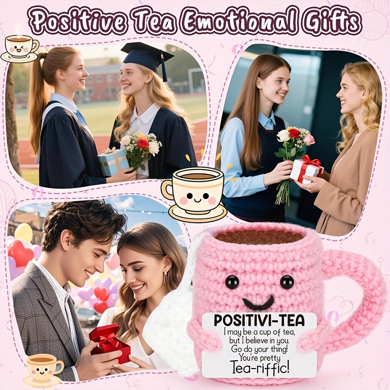 [Positivi-Tea Kit] Positivi-Tea Crochet Kit | DIY Pink Tea Cup with Motivational Card | Handmade Emotional Support Gift for Women, Friends, Teachers, Graduation & Birthday