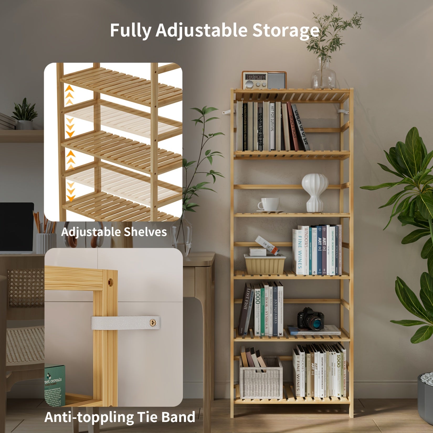 1pc Bamboo 6-Tier Freestanding Shelf Rack, Adjustable Tiered Storage Organizer for Kitchen, Bathroom, Home Office - No Metal Pipes, Versatile Room Use, AESOME, Standing Shelf
