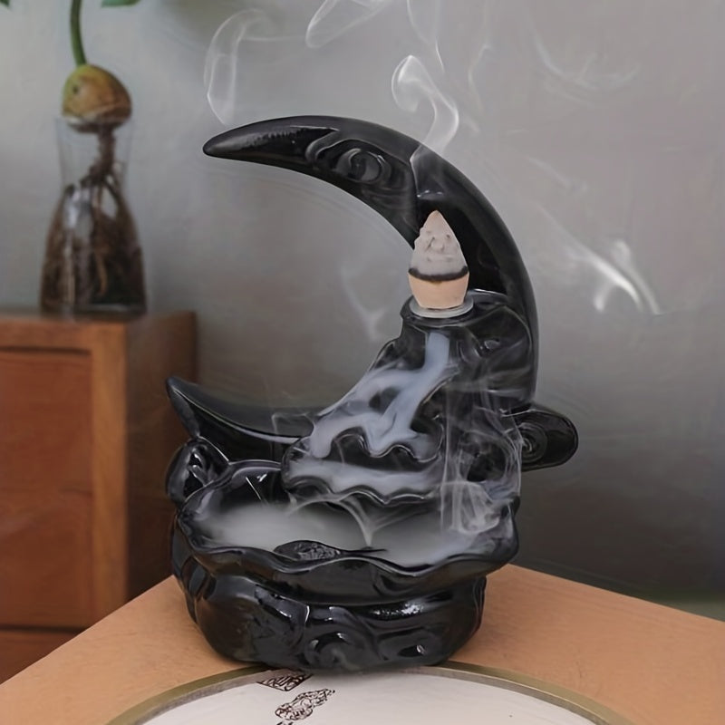 [1pc Handcrafted Moon Backflow Holder] 1pc Handcrafted Resin Moon Backflow Incense Holder, Waterfall Aromatherapy Burner with Cones for Yoga & Home Decor, Ideal for Halloween, Christmas, Easter, Hanukkah, Thanksgiving