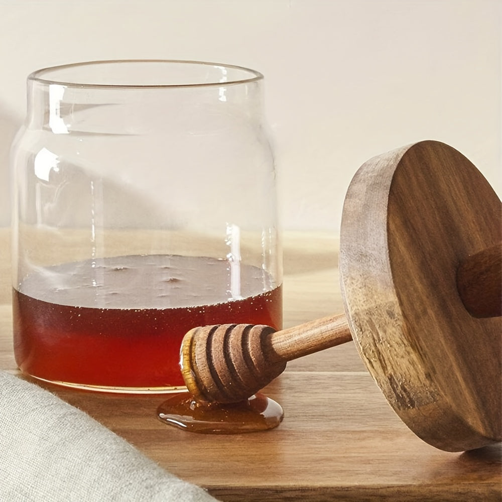 Deluxe Glass Honey Jar with Wooden Dipper and Lid