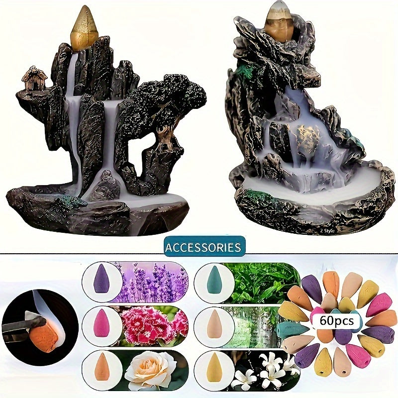 60 Mixed Scent Cones Resin Backflow Incense Burner Waterfall, Indoor Smoke Cascade Censer for Meditation and Relaxation, Home, Office, and Work Use