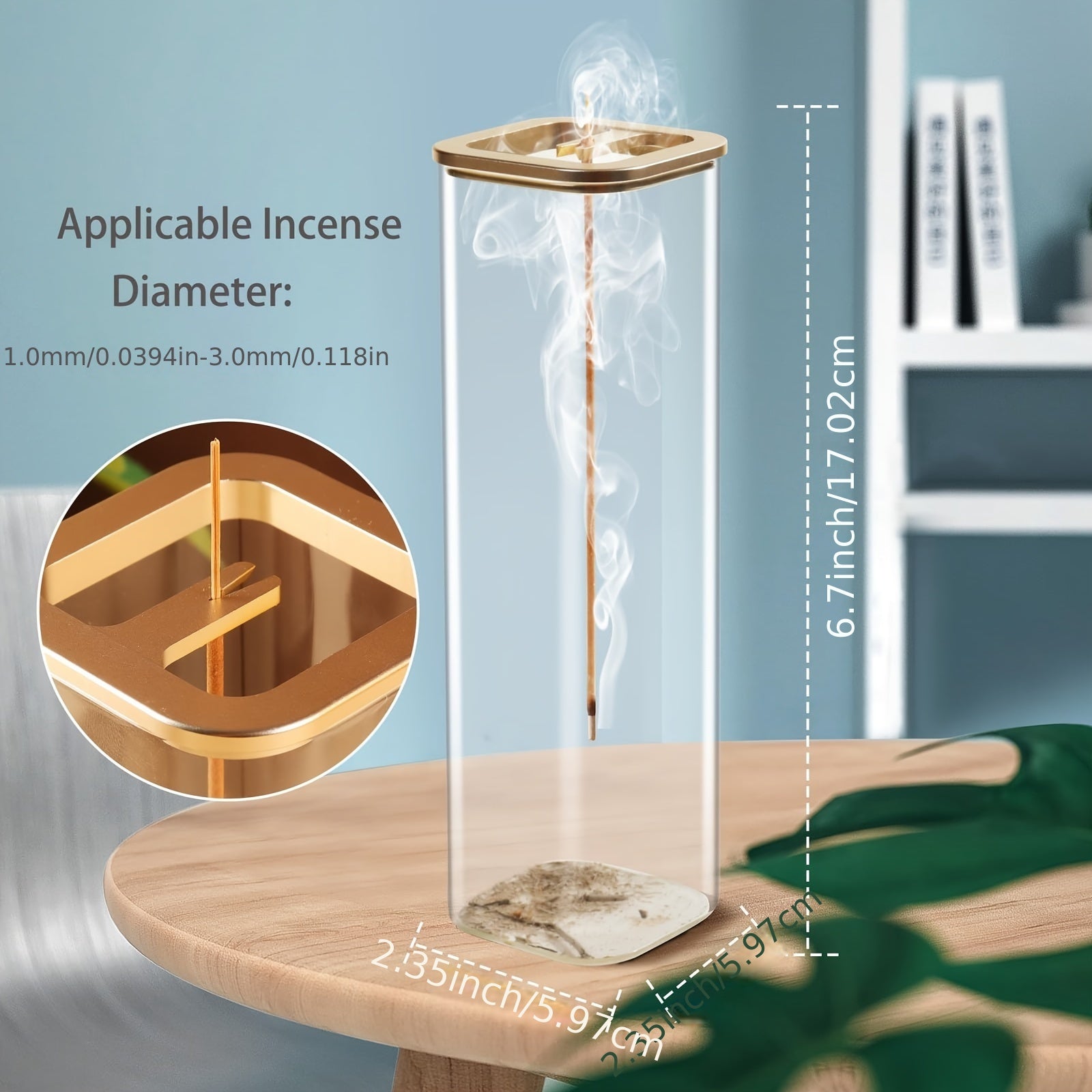 0.39-0.118 Inch Glass Incense Holder with Metal Base for Meditation, Yoga, Spa Rooms, and Home Decor