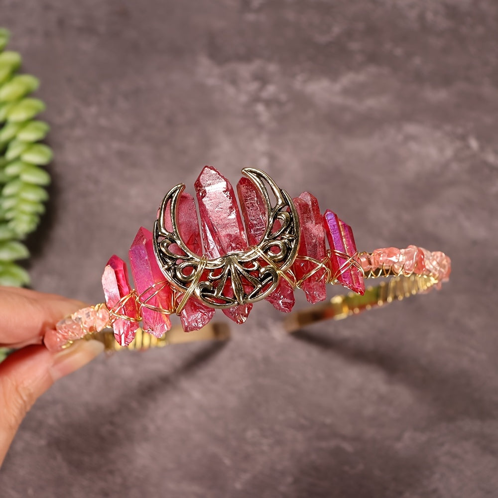 1pc Elegant Natural Crystal Headband - Moon Shaped Hollow Tiara - Chic Hair Jewelry for Special Occasions and Everyday Glamour