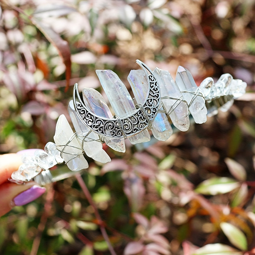 1pc Elegant Natural Crystal Headband - Moon Shaped Hollow Tiara - Chic Hair Jewelry for Special Occasions and Everyday Glamour