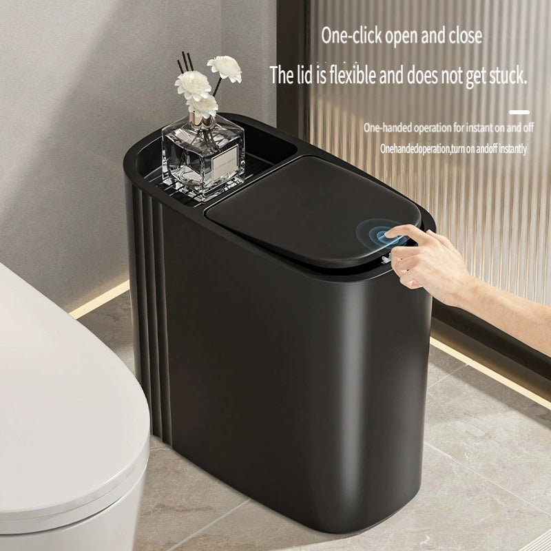 12L Sleek Black Trash Can with One-Click Pop-Up Lid, Odor-Sealing, Oval Plastic Waste Bin for Bathroom & Home - Sleek Design, Durable & Easy to Clean, Bathroom Trash Can