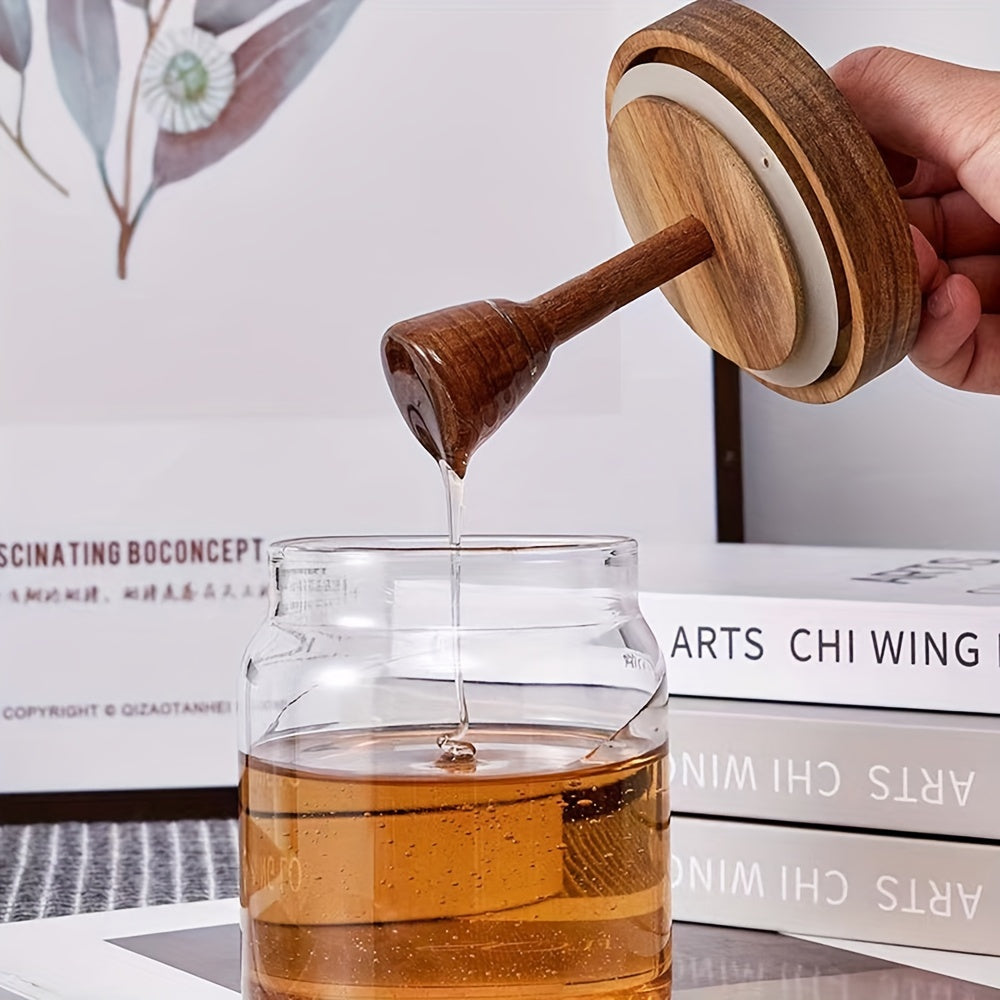 Deluxe Glass Honey Jar with Wooden Dipper and Lid
