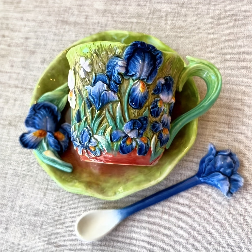 1 SET Hand-Painted Ceramic Van Gogh Oil Painting Cup and Saucer Set - 3D Sunflowers, Irises, and Starry Sky Design, Includes 1pc Round Saucer and 1pc Spoon, Elegant Tabletop Decor, Ideal for Christmas, Valentine'S Day, Mother'S Day Gifts, 180ml/6oz Capaci