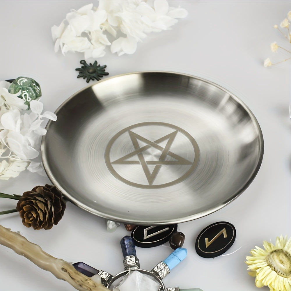 1pc, 5.51-inch Silver Altar Plate with March Pentagram, Stainless Steel Metal Dish, Candle Holder, Ceremony Meditation Decor, Home Living Room Office Decor, Christmas Independence Day Graduation School Season Decor, Vintage Geometric Religious Theme