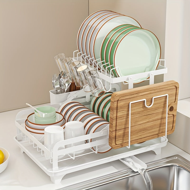 1pc Dish Drying Rack Drainboard, Large 2 Tier Metal Dish Racks with Drainage, Glass Holder, Utensil Holder and Extra Drying Mat, Dish Drainers for Kitchen Counter, Black, White& Grey