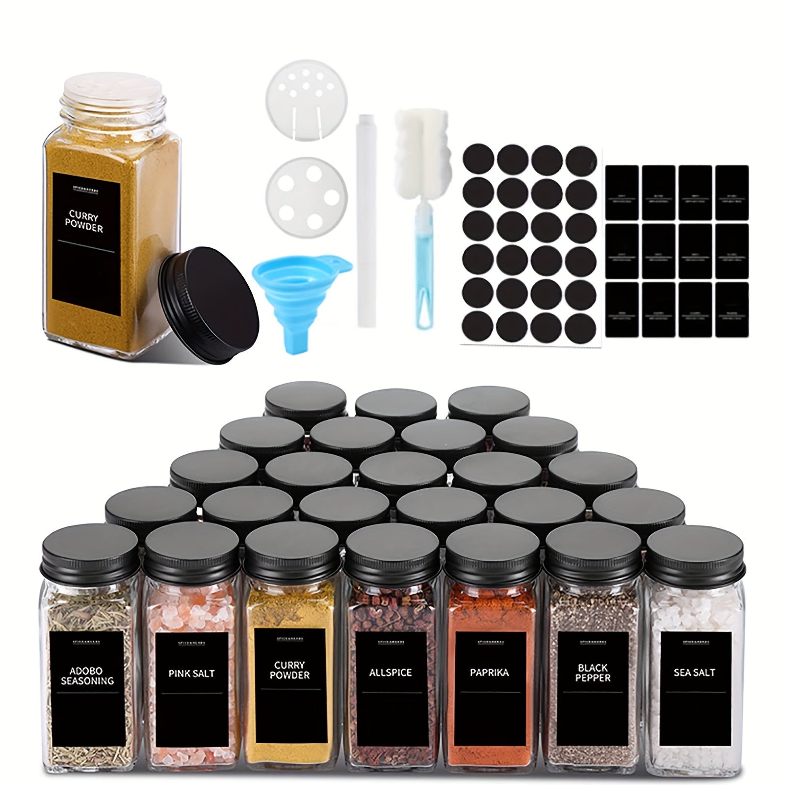 24pcs 4oz Glass Spice Jars With Metal Lids, Labels, Adjustable Measuring Spoon, Cleaning Brush & Collapsible Silicone Funnel, For Kitchen And Seasoning