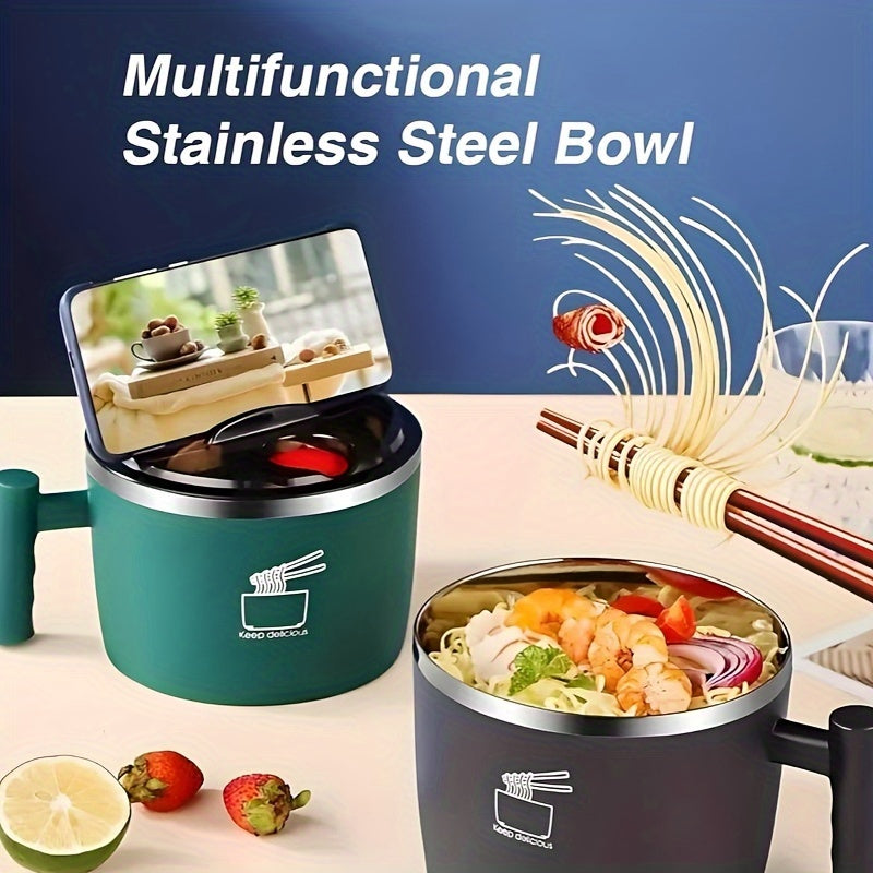 Stainless Steel Instant Noodle Bowl - 1pc, Lunch Box with Lid, Portable Drain Bowl, Ramen Bowl, Kitchen Tableware, Office Lunch Container