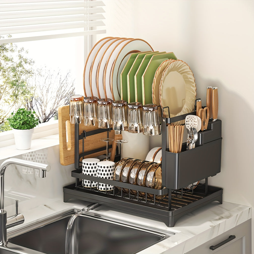 1pc Large Capacity 2-Tier Dish Drying Rack with Drainboard, Double-Layer Bowl & Cup Rack, Detachable Over The Sink Organizer for Kitchen Counter, Black & White - Ideal for Plates, Bowls, Cups & Cutlery Storage, Dish Drying Rack