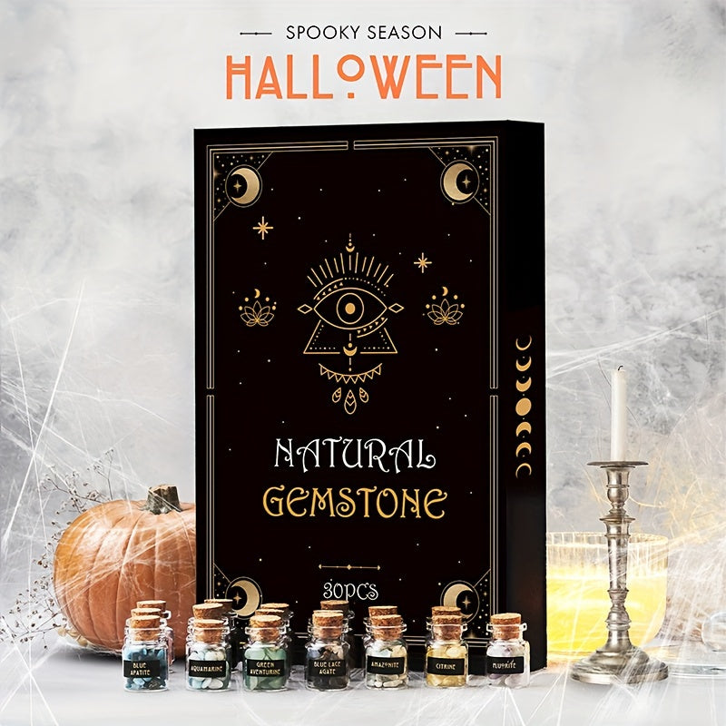 30pcs Witchcraft Crystal Jars Set, Mini Gemstones for Wiccan Altar, Non-Electric Witch Supplies, Mystical Healing Stones in Bottles, Wiccan Crafting Tools, for Halloween