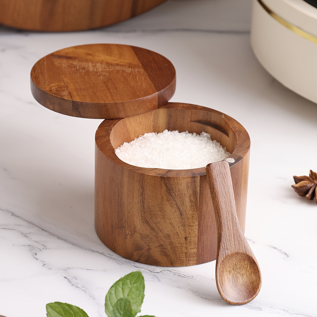 1PC Wooden Salt and Pepper Set with Spoon - Rustic Kitchen Storage for Spices and Condiments
