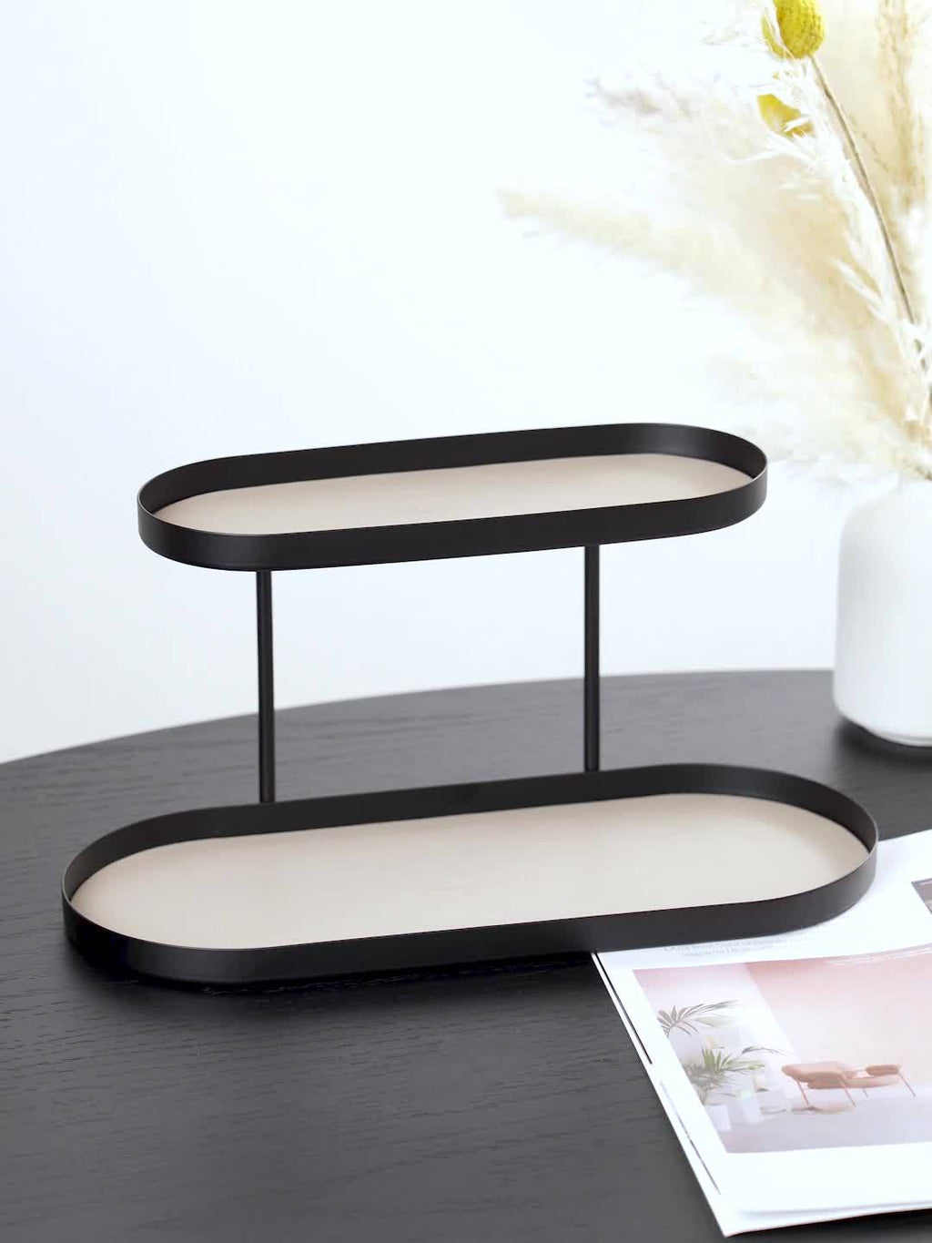 Versatile Double-Layer Oval Metal Storage Rack with Faux Leather Pad