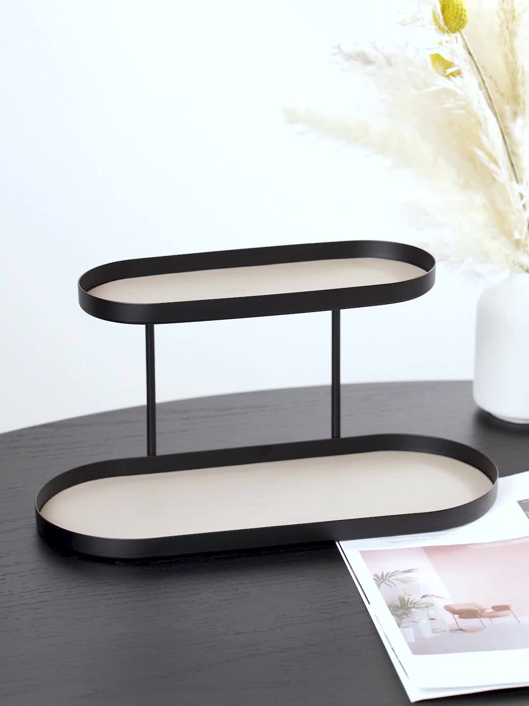 Versatile Double-Layer Oval Metal Storage Rack with Faux Leather Pad
