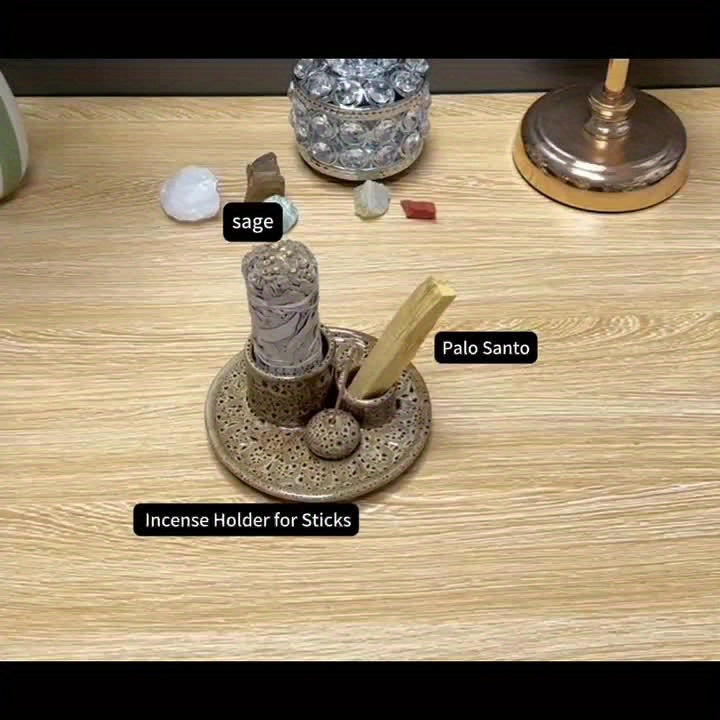 1pc 4-in-1 Ceramic Incense Burner Holder – Palo Santo & Sage Smudge Stand with Stick & Candle Holder, Elegant Home Decor for Meditation, Yoga, and Aromatherapy Relaxation, Home Relaxation | Rustic Ceramic Holder | Terracotta Design, Incense Holder
