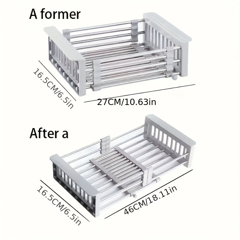 1pc Expandable Stainless Steel Kitchen Sink Organizer Rack, Adjustable Over-the-Sink Dish Drainer with Drainboard for Dishes, Vegetables, and Sponge Storage