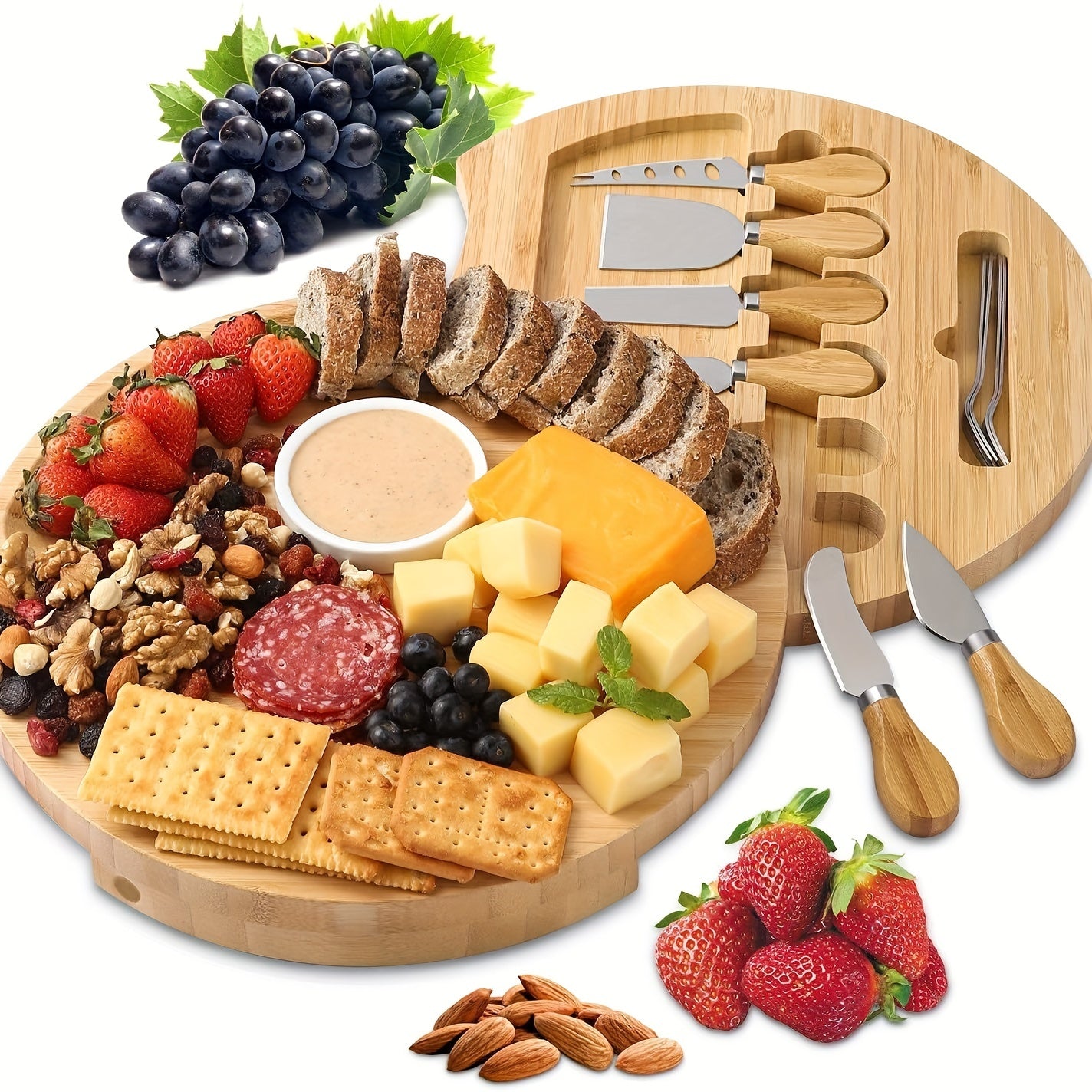 1set Bamboo Cheese Board With Knife And Fork