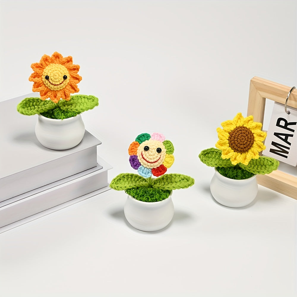 1pc Handmade Crocheted Smiling Sunflower Bonsai Artificial Plant - Vibrant Yellow & Orange Fleeceen Yarn, Realistic Desktop Decor with Pot for Office, Living Room, Bedroom - Thoughtful Gift for Wife, Mother, Girlfriend (Birthday, Christmas, Valentine’s Da