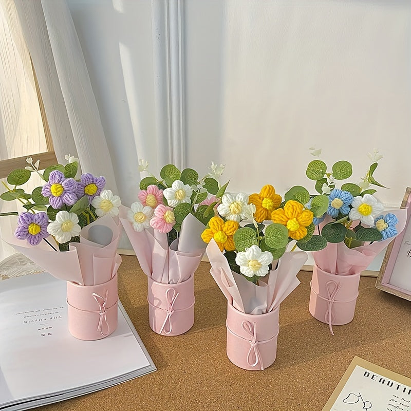 1 Set Handmade Yarn Artificial Flower Bouquet with Plastic Bucket, Ribbon, and Tissue Paper - 5 Yarn Hook Flowers in Pink, White, and Yellow - Ideal for Mother'S Day, Valentine'S Day, Birthdays, and Home Decor, Mother'S Day Gift|Elegant Flower Arrangement