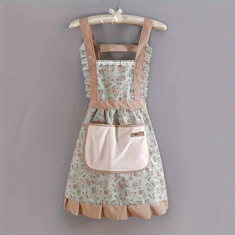 [Floral Princess Apron] 1pc Floral Lace Princess Apron - Hand Wipe Pocket - Suitable for Kitchen, Living Room, Bathroom Cleaning