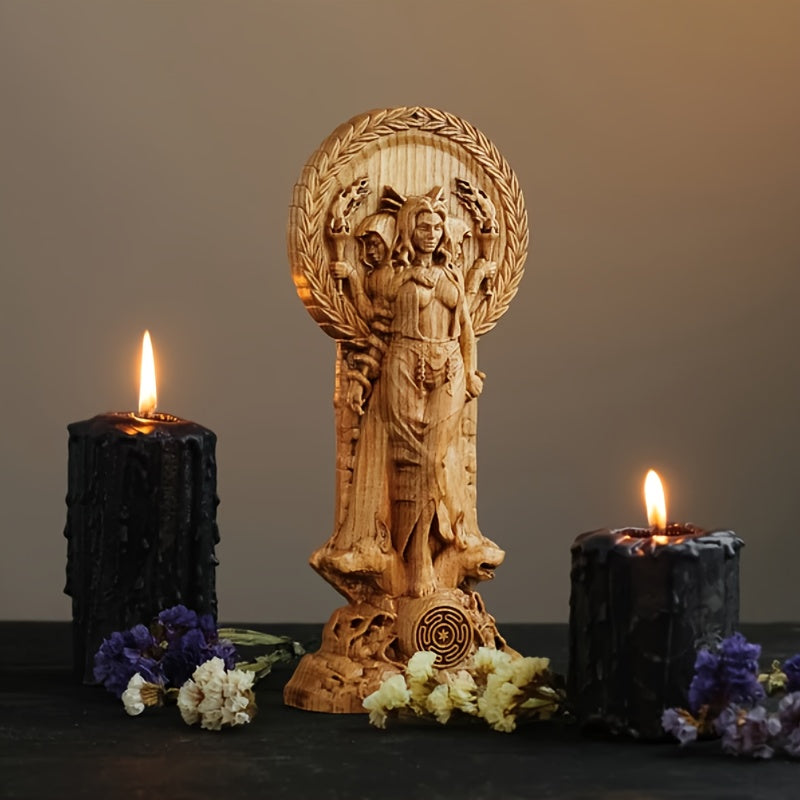 Handcrafted Wooden Hecate Statue for Home Decor – Indoor/Outdoor Pagan Goddess Ornament