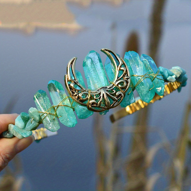 1pc Elegant Natural Crystal Headband - Moon Shaped Hollow Tiara - Chic Hair Jewelry for Special Occasions and Everyday Glamour
