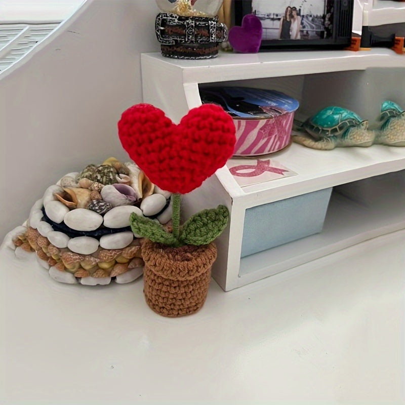 1pc Handcrafted Crochet Heart-Shaped Potted Plant, Fabric Artificial Peony Decoration, No Electricity Needed, Valentine's Day Home Decor Accent