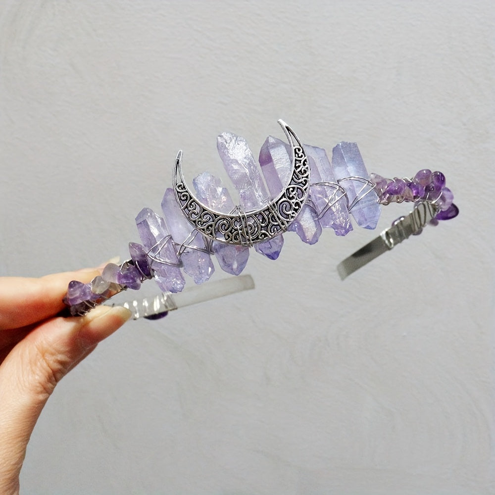 1pc Elegant Natural Crystal Headband - Moon Shaped Hollow Tiara - Chic Hair Jewelry for Special Occasions and Everyday Glamour