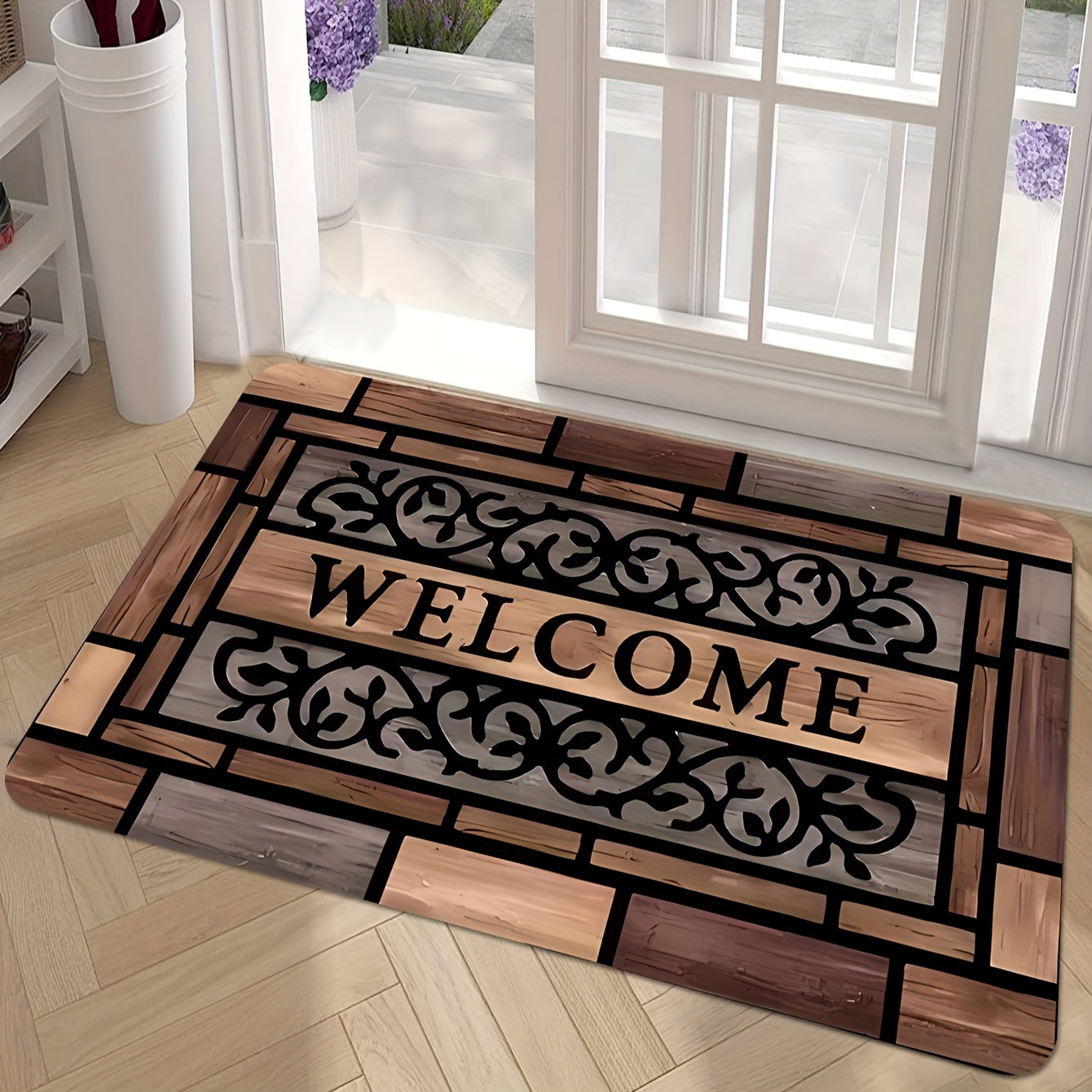 1pc Rustic Welcome Doormat - Durable, Anti-Slip Polyester with PVC Backing, Stylish Brown Pattern for Home Entrance & Decor, Welcome Mat for Front Door