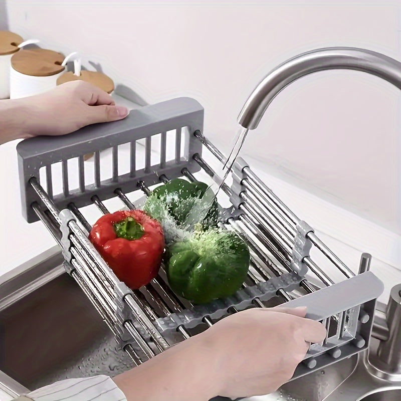 1pc Expandable Stainless Steel Kitchen Sink Organizer Rack, Adjustable Over-the-Sink Dish Drainer with Drainboard for Dishes, Vegetables, and Sponge Storage