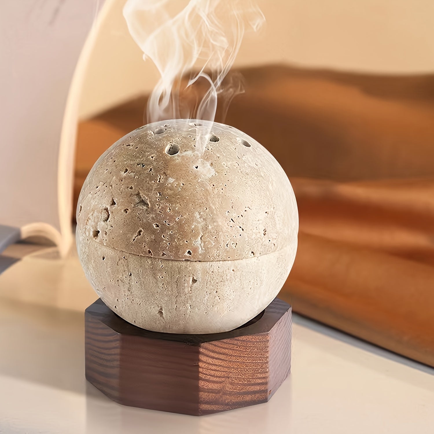 1pc Natural Travertine Round Handmade Sphere Incense Burner