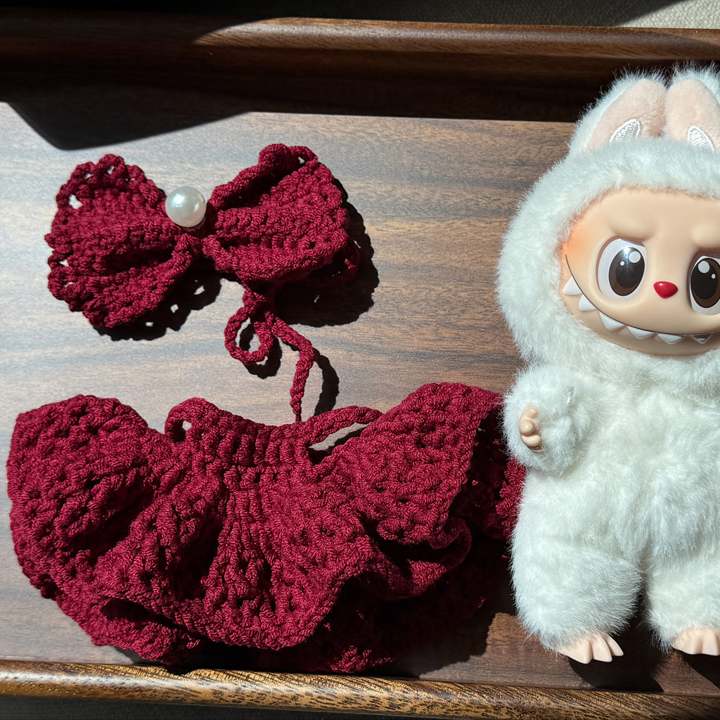 Labubu Red Bow Knit Dress - Limited Edition, Handmade Acrylic Fiber Outfit with Large Red Bow Hat, White Fur Trim, Cute Cartoon Character Design, Festive Holiday Attire, Festive Attire | Playful Design | Detailed Craftsmanship, Cute Clothes