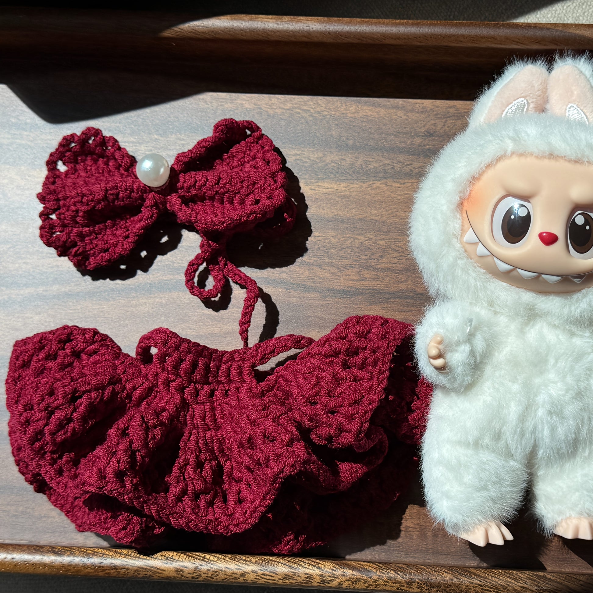 Labubu Red Bow Knit Dress - Limited Edition, Handmade Acrylic Fiber Outfit with Large Red Bow Hat, White Fur Trim, Cute Cartoon Character Design, Festive Holiday Attire, Festive Attire | Playful Design | Detailed Craftsmanship, Cute Clothes