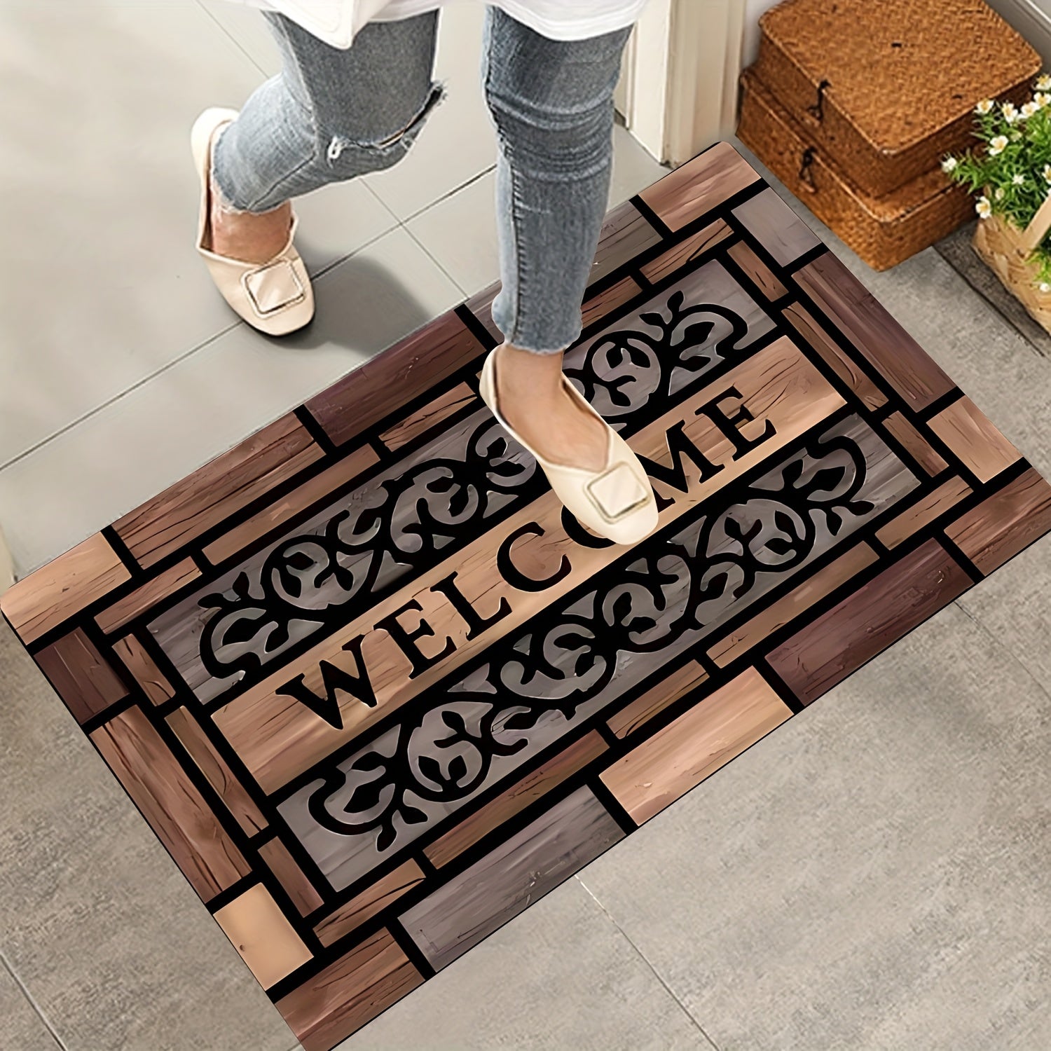 1pc Rustic Welcome Doormat - Durable, Anti-Slip Polyester with PVC Backing, Stylish Brown Pattern for Home Entrance & Decor, Welcome Mat for Front Door