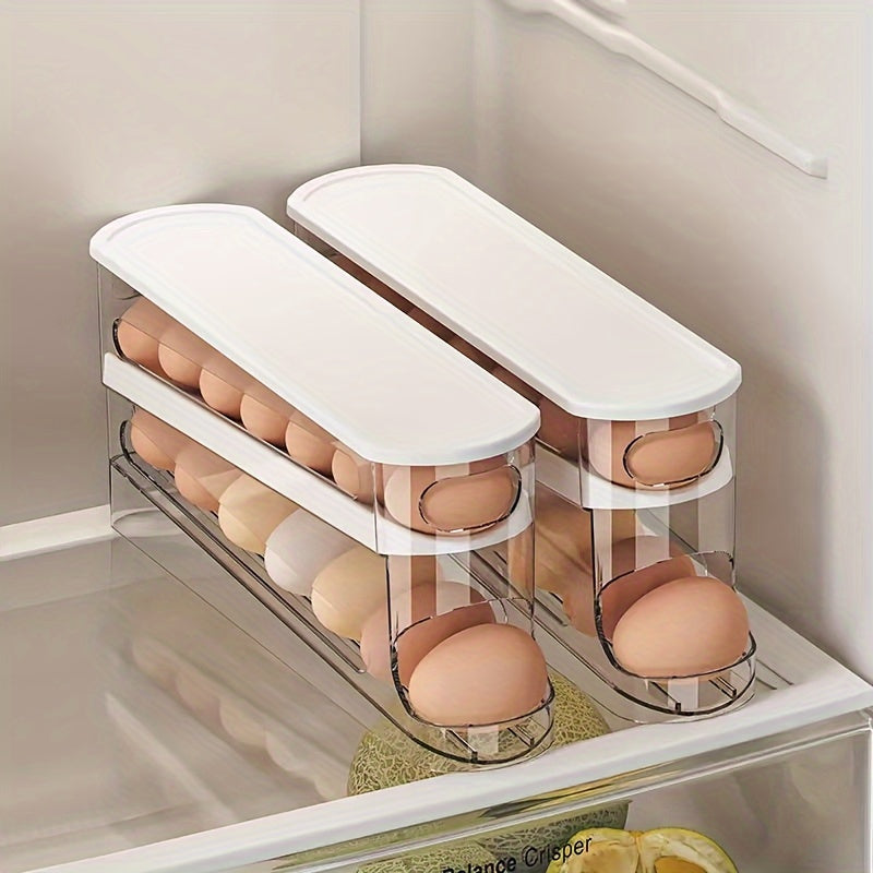 Automatic Double-Layer Fresh Egg Keeper, 12-14 Eggs Sliding Egg Storage Container - Hinged Design, Plastic Material, Non-Contact with Food - Refrigerator Space Saver Egg Rack for Kitchen