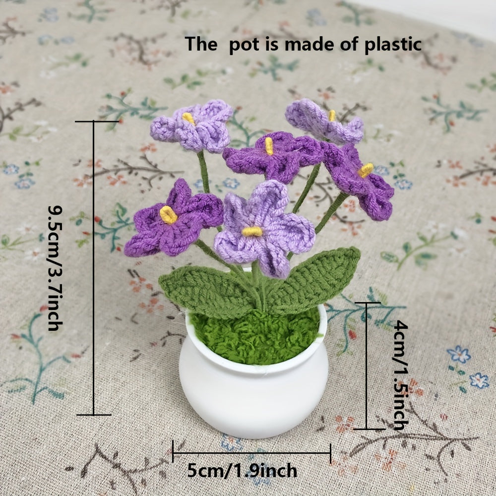 1pc Hand-Knitted Miniature Potted Flower Decor - Vibrant Multicolor Fabric Artificial Floral Arrangement, No Fade No Pill, Cute Table Centerpiece for Home Office Desk, Graduation Party, Festive Gift (No Vase Included)