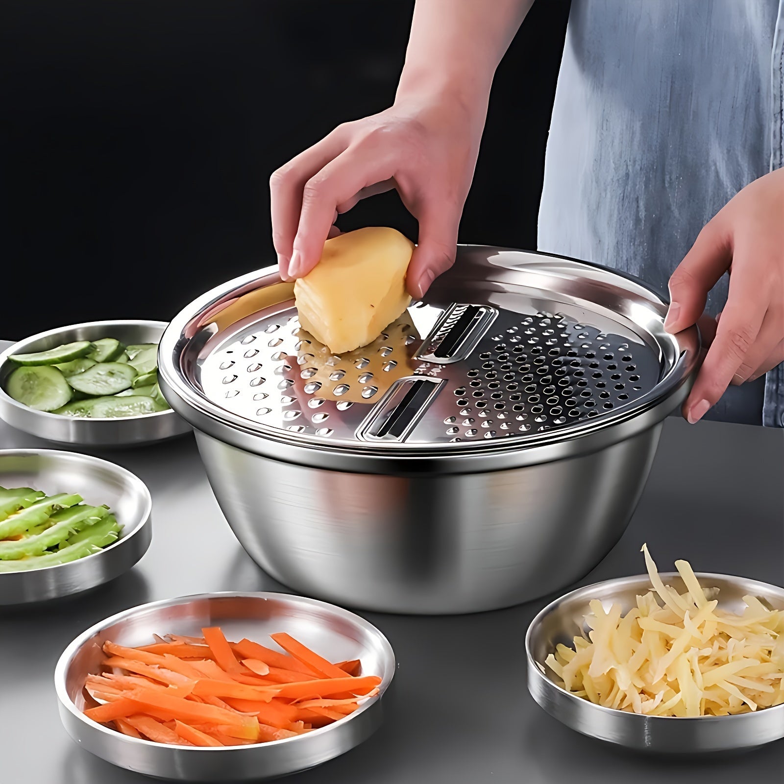 3pcs Stainless Steel Kitchen Set with Integrated Grinder, Multi-Purpose Filter and Mixing Bowl - Ideal for Cleaning and Slicing Fruits, Vegetables, and Cheese | Food Safety with Drainage System, Perfect for Home Cooking, Kitchen Grinder