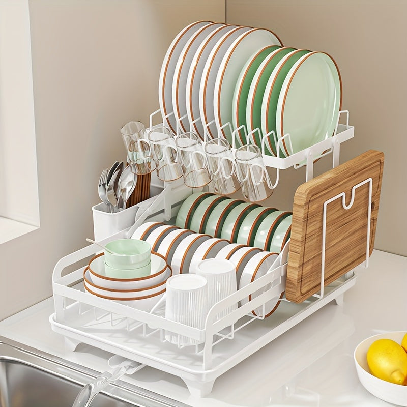 1pc Dish Drying Rack Drainboard, Large 2 Tier Metal Dish Racks with Drainage, Glass Holder, Utensil Holder and Extra Drying Mat, Dish Drainers for Kitchen Counter, Black, White& Grey