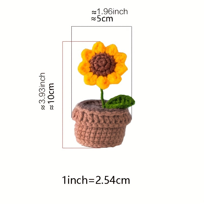 Handmade Crochet Polyester Sunflower Rose Tulip Puff Carnation Miniature Bonsai Car Parts for Living Room Tabletop Decor, No Electricity Needed, Perfect for Christmas, Thanksgiving, Valentine's, Mother'S Day, Graduation Gifts