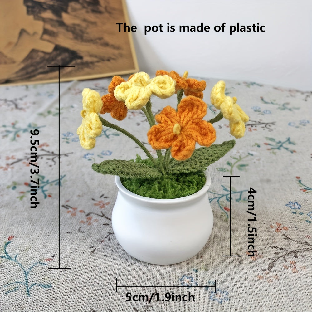 1pc Hand-Knitted Miniature Potted Flower Decor - Vibrant Multicolor Fabric Artificial Floral Arrangement, No Fade No Pill, Cute Table Centerpiece for Home Office Desk, Graduation Party, Festive Gift (No Vase Included)