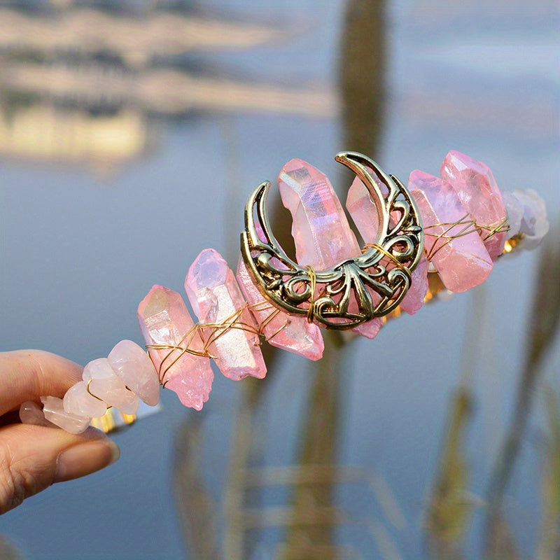 1pc Elegant Natural Crystal Headband - Moon Shaped Hollow Tiara - Chic Hair Jewelry for Special Occasions and Everyday Glamour