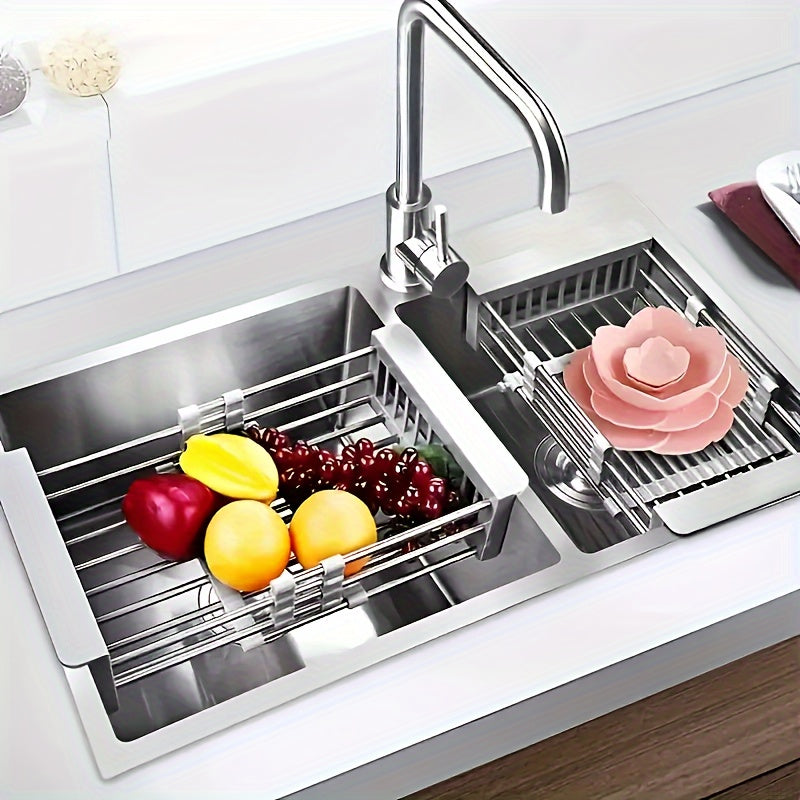 1pc Expandable Stainless Steel Kitchen Sink Organizer Rack, Adjustable Over-the-Sink Dish Drainer with Drainboard for Dishes, Vegetables, and Sponge Storage