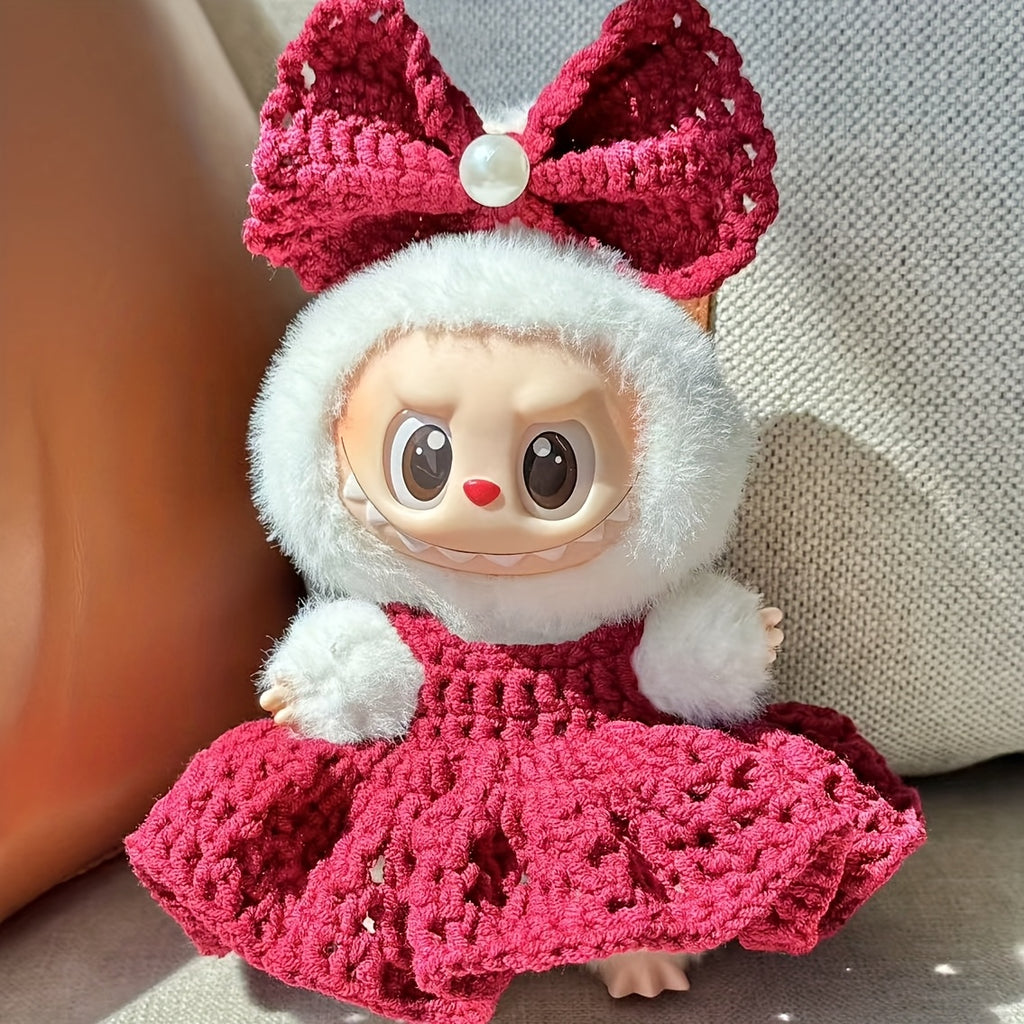 Labubu Red Bow Knit Dress - Limited Edition, Handmade Acrylic Fiber Outfit with Large Red Bow Hat, White Fur Trim, Cute Cartoon Character Design, Festive Holiday Attire, Festive Attire | Playful Design | Detailed Craftsmanship, Cute Clothes