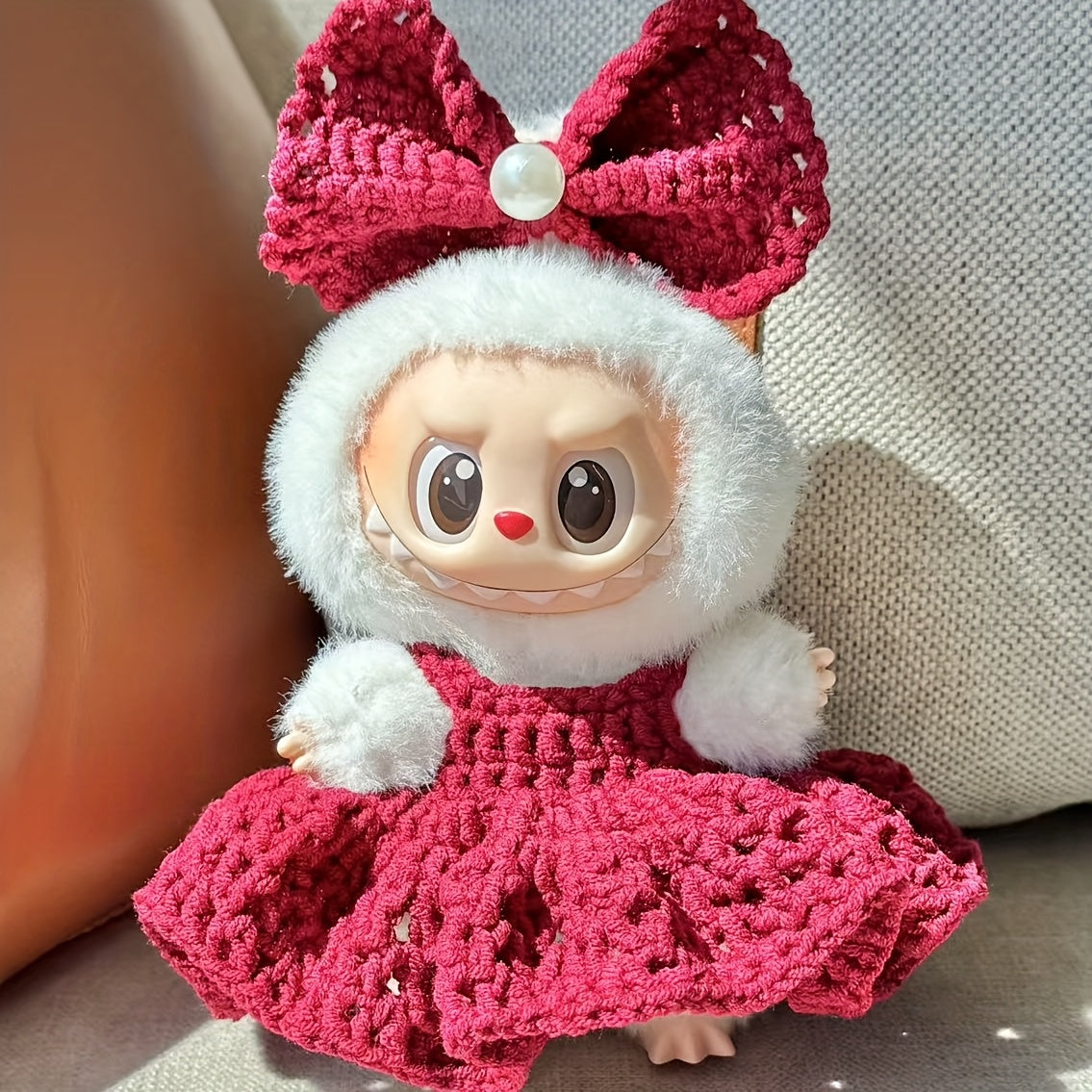 Labubu Red Bow Knit Dress - Limited Edition, Handmade Acrylic Fiber Outfit with Large Red Bow Hat, White Fur Trim, Cute Cartoon Character Design, Festive Holiday Attire, Festive Attire | Playful Design | Detailed Craftsmanship, Cute Clothes