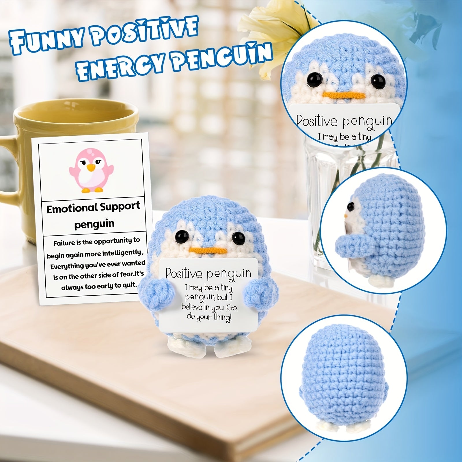 2.56 Inch Funny Positive Penguin, Knitted Emotional Support Penguin Toy with Positive Card Creative Cute Woolen Positive Penguin Crochet Doll Gift for Christmas New Year Friends Encouragement Party Decoration