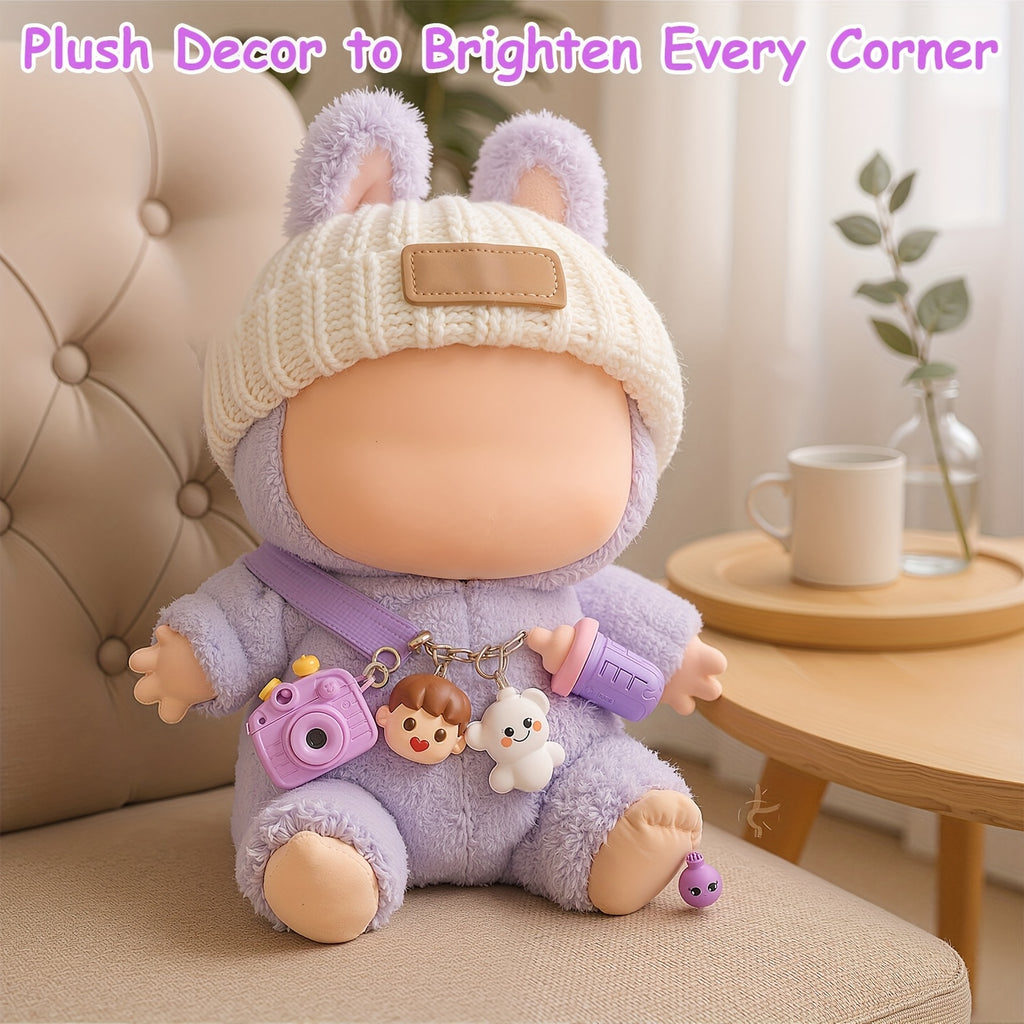 [Cute Crochet Outfit] 3pcs Crochet Outfit for Labubu | Doll Clothes Set with Hat, Overalls & Mini Camera Bag, Cute Handmade Accessories - Doll Not Included